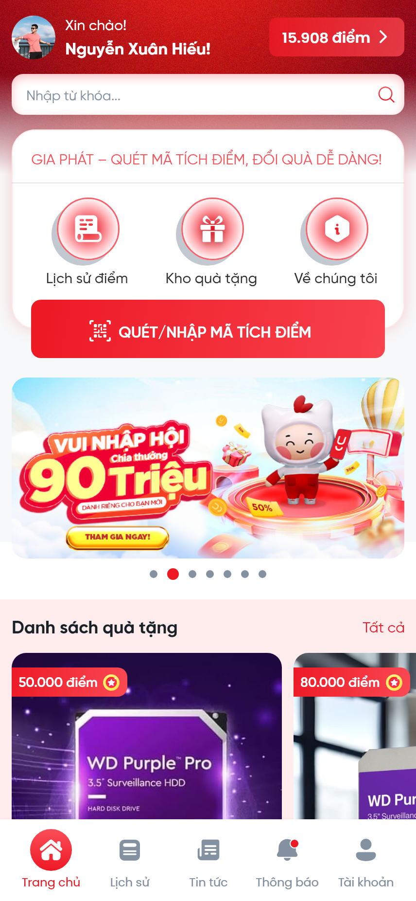 Ứng dụng Tích điểm, đổi quà tặng